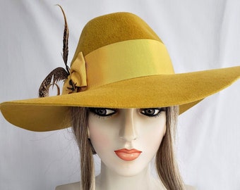 Mustard Yellow Large Brim Hat, Felt Hat, Floppy Brim, Boho Style, Millinery, Pheasant feather hat, womens