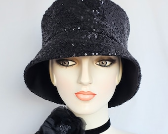 Black and Gunmetal Sequin Bucket Hat, fabric Cloche, handmade womens hat