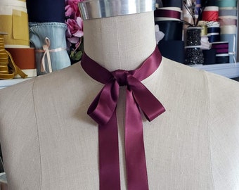 Claret Vintage Satin Ribbon Choker, bow choker, ribbon necklace,  Belle Epoch, jabot, with clasp