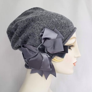 Wool Knit Beanie, Knit Cloche, Gray Knit Hat with Vintage Ribbon Bow, winter hat, womens, flapper knit cloche
