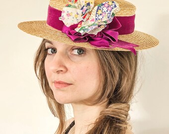 Amour Butterfly Boater, Milan Straw Boater with Fuschia Vintage French Ribbon, Straw Hat, Cantonier, Edwardian, wedding bridal