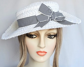 White and Black Straw Hat with Vintage Ribbon Bow, Millinery, Boater, Edwardian, Canotier hat, Summer hat