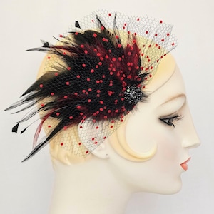 Red and Black Feather Hair Clip With Vintage French Veil, flapper hair clip, belle epoch, saloon girl, fascinator, great gatsby