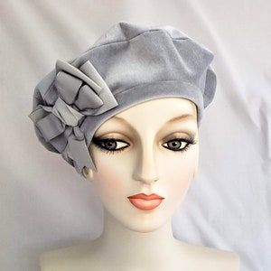 Cotton Velveteen Beret with vintage ribbon bow. mini beret, women&#39;s gray fabric hat, tam, millinery, handmade