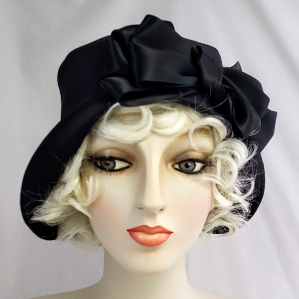 Black Satin Flapper Cloche, vintage style hat, bow hat, bucket hat, women's