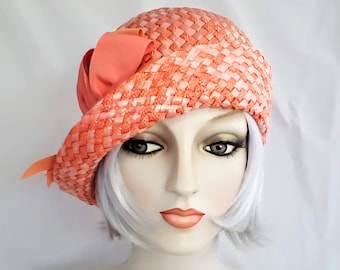 Creamsicle 1920s Flapper Cloche, vintage style straw hat, bow hat, bucket hat, women's