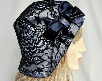 Black Lace Flapper Cloche, vintage style hat, bow hat, bucket hat, women's