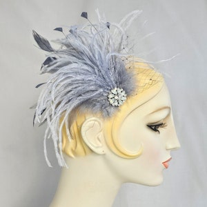 Silver Gray Ostrich Feather Hair Clip with Rhinestone Brooch and Vintage Veil, 1920s flapper or saloon girl style