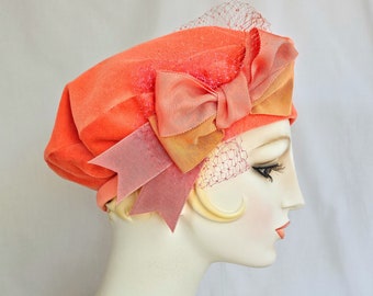 Sherbert Orange Velvet Beret, mini beret, hat, women's beret, tam, cotton velvet fabric hat, handmade