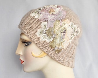 Wool Beanie Skull Cap in Beige And Cream, Knit Hat, Winter Hat with Lace Applique, Millinery, Women's Knit Cloche