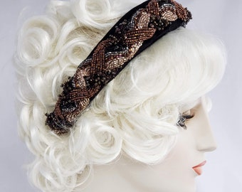 Camelot Beaded headband, Black and Bronze, Velvet Renaissance headband, handmade headpiece, millinery