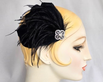 Antoinette Black Feather Hair Clip, Fascinator, 1920's flapper, headpiece, ostrich feather hair clip, rhinestone hair clip, saloon girl