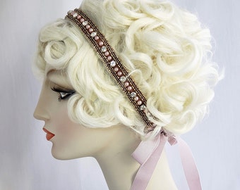 Juliet Beaded Ribbon Headband Rose Pink and Antique Gold, beaded headband, rhinestone headband, pearl headband, wedding bridal