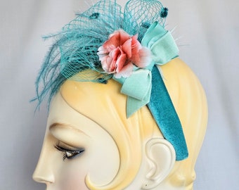 Aqua Flower, Feather and Veil Headband, millinery, fascinator, headpiece, wedding bridal