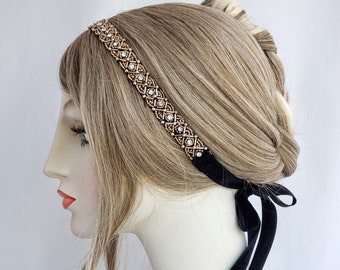Elizabethan Beaded Ribbon Headband, beaded headband, rhinestone headband, gold and black, flapper headband, gunmetal black, bridesmaid