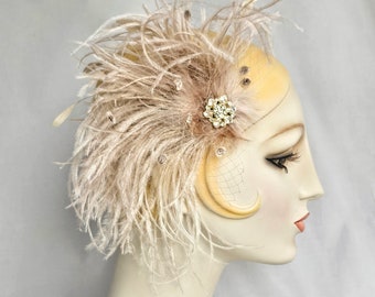 Champagne Taupe Feather Hair Clip with Vintage Veil, Gold Rhinestone brooch, wedding bridal, 1920's flapper, regency