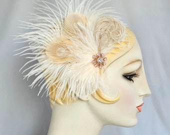 Marfil y champán Taupe pavo real y pluma de avestruz clip de pelo, broche de pedrería, novia de boda, flapper de 1920, época de belle, regencia