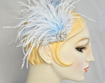 Clip de pelo de plumas de aleta azul claro y marfil, gran estilo gatsby, fiesta, boda y accesorio nupcial para mujeres