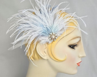 Powder Blue and Ivory Flapper Feather Hair Clip, Great gatsby Style, party, wedding and bridal accessory for women