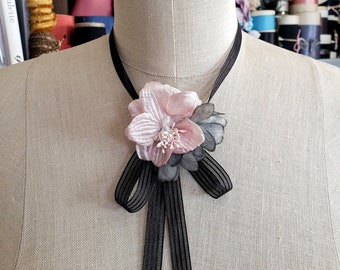 Pink and Gray Vintage Flower Choker, flower necklace, black ribbon choker, velvet flower, velvet choker, Belle epoch, flapper,