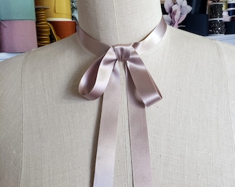 Champagne Taupe Vintage Satin Ribbon Choker, bow choker, ribbon necklace,  Belle Epoch, jabot, with adjustable clasp