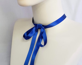 Sapphire Blue Vintage Satin Ribbon Choker, bow choker, ribbon necklace,  Belle Epoch, jabot, with clasp, royal blue