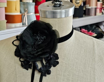 Black Silk Rose Flower Choker, velvet ribbon choker, flower necklace, flower corsage, jabot