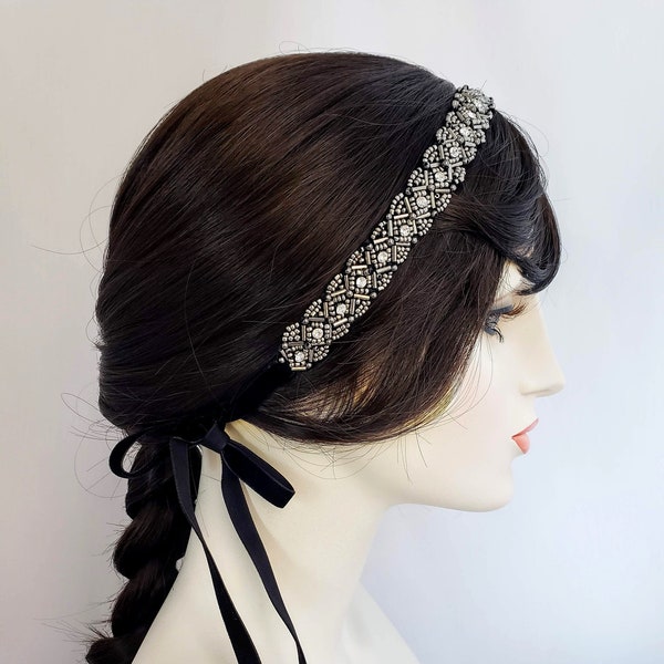 Elizabethan Beaded Ribbon Headband, beaded headband, rhinestone headband, gold and black, gunmetal and black flapper headband,