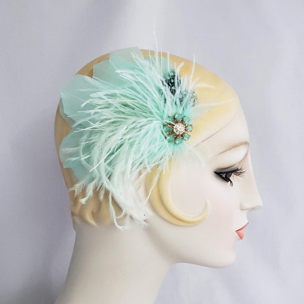 Mint Green Ostrich Feather Hair Clip, Rhinestone Brooch, wedding bridal, fascinator, belle epoch, 1920s flapper, seafoam green