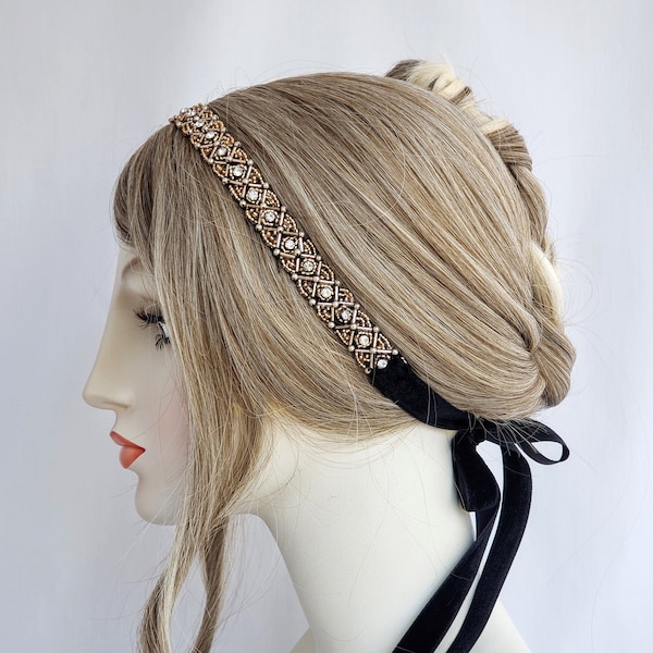 Elizabethan Beaded Ribbon Headband, beaded headband, rhinestone headband, gold and black, flapper headband, gunmetal black, bridesmaid