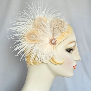 Ivory and Champagne Peacock and Ostrich Feather Hair Clip, Rhinestone brooch, wedding bridal, 1920&#39;s flapper, belle epoch