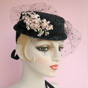 Eliza Black Straw Boater with Vintage Veil, Straw Hat, Millinery