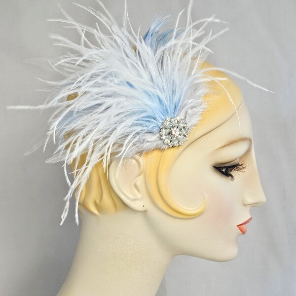 Powder Blue and Ivory Flapper Feather Hair Clip, Great gatsby Style, party, wedding and bridal accessory for women