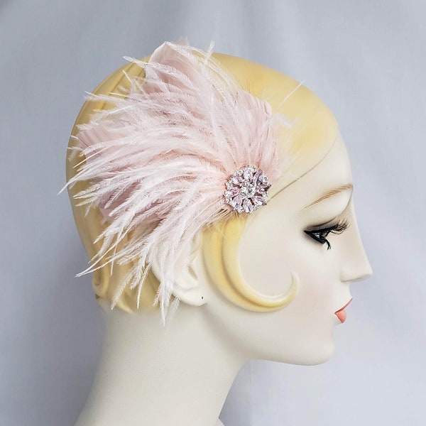 Champagne Pink Ostrich Feather Hair Clip with Rhinestone Brooch, wedding bridal, fascinator, belle epoch, 1920s flapper