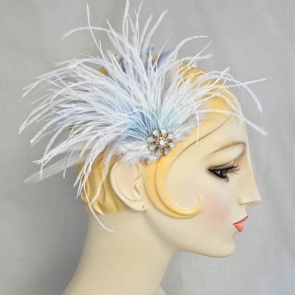 Powder Blue and Ivory Flapper Feather Hair Clip, Great gatsby Style, party, wedding and bridal accessory for women
