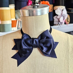 Midnight Blue Vintage Ribbon Bow Choker, ribbon choker, velvet choker, jabot, bow tie, women's accessories, handmade