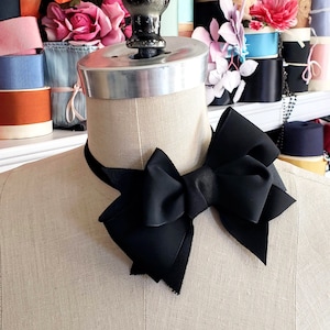 Jet Black Vintage Ribbon Bow Choker, ribbon choker, velvet choker, jabot, bow tie, women&#39;s accessories, handmade