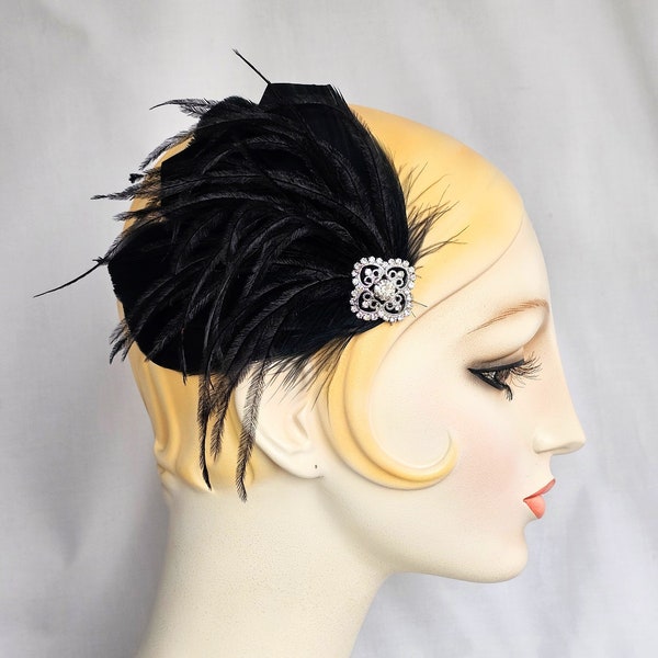 Antoinette Black Feather Hair Clip, Fascinator, 1920's flapper, headpiece, ostrich feather hair clip, rhinestone hair clip, saloon girl