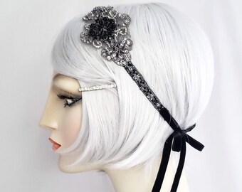 Silver and Black Sparkle Filigree Beaded Headband, Headpiece, Rhinestone headband, Beaded headband, Belle epoch, 1920s flapper