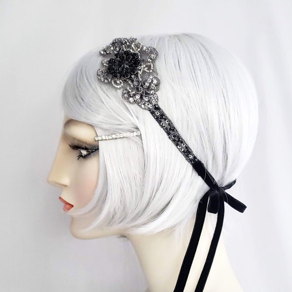 Silver and Black Sparkle Filigree Beaded Headband, Headpiece, Rhinestone headband, Beaded headband, Belle epoch, 1920s flapper