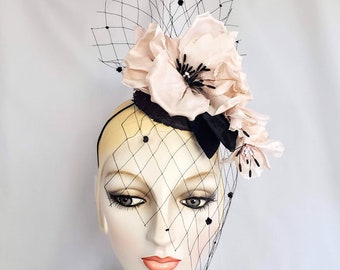 Parisian Blush Pink and Black Vintage Veil Fascinator, Floral Cocktail Hat, mini hat, wedding bridal, tea party