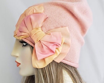 Knit Beanie, Knit Cloche, Coral Pink Knit Hat with French Vintage ribbon bow, 1920's flapper style, womens