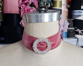 Rose Pink Velvet Ribbon Choker with Rhinestone Buckle, French Style, Ribbon Necklace, Belle Epoch