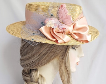 Sombrero de paja estilo mariposa, sombrero de paja estilo Milán, color champán topo, cinta y velo franceses vintage, sombrero de paja, sombreros, estilo eduardiano, boda, novia