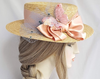 Butterfly Boater, Milan Straw Boater, Champagne taupe, Vintage French Ribbon and Veil, Straw Hat, Millinery, Edwardian, wedding bridal