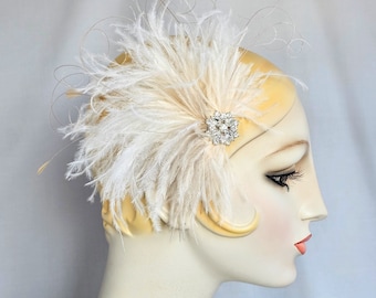Ivory and Champagne Ostrich Feather Hair Clip, Crystal Rhinestone brooch, wedding bridal, 1920's flapper, belle epoch, regency
