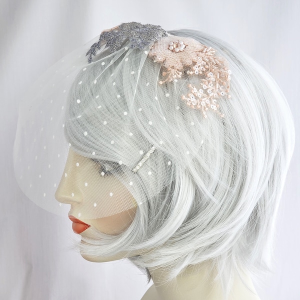 Ivory Birdcage Veil, Swiss Dot Tulle With Floral Lace Appliques, Ivory Veil, Blue, Silver & Blush