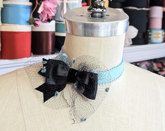 J'adore Blue and Black Vintage Veil and Velvet Ribbon Bow Choker, women's accessories, handmade