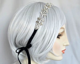 Deco Rhinestone Ribbon Headband, silver and black  with French velvet ribbon, flapper headband, bridesmaid