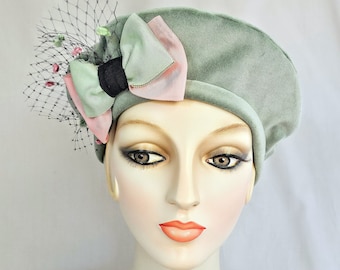 Celadon Cotton Velvet Beret with Grosgrain Ribbon and Black Veil Bow, mini beret, women's fabric hat, millinery, tam, handmade